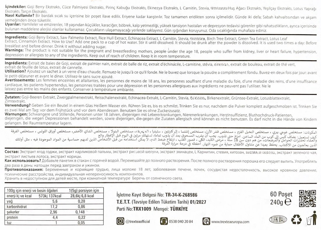 liste des ingrédients thé trex tea 